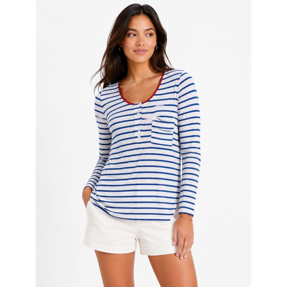 FRAME Shirt Blue & White Striped Long Sleeve Henley Tee M Linen Blend Pocket Top
